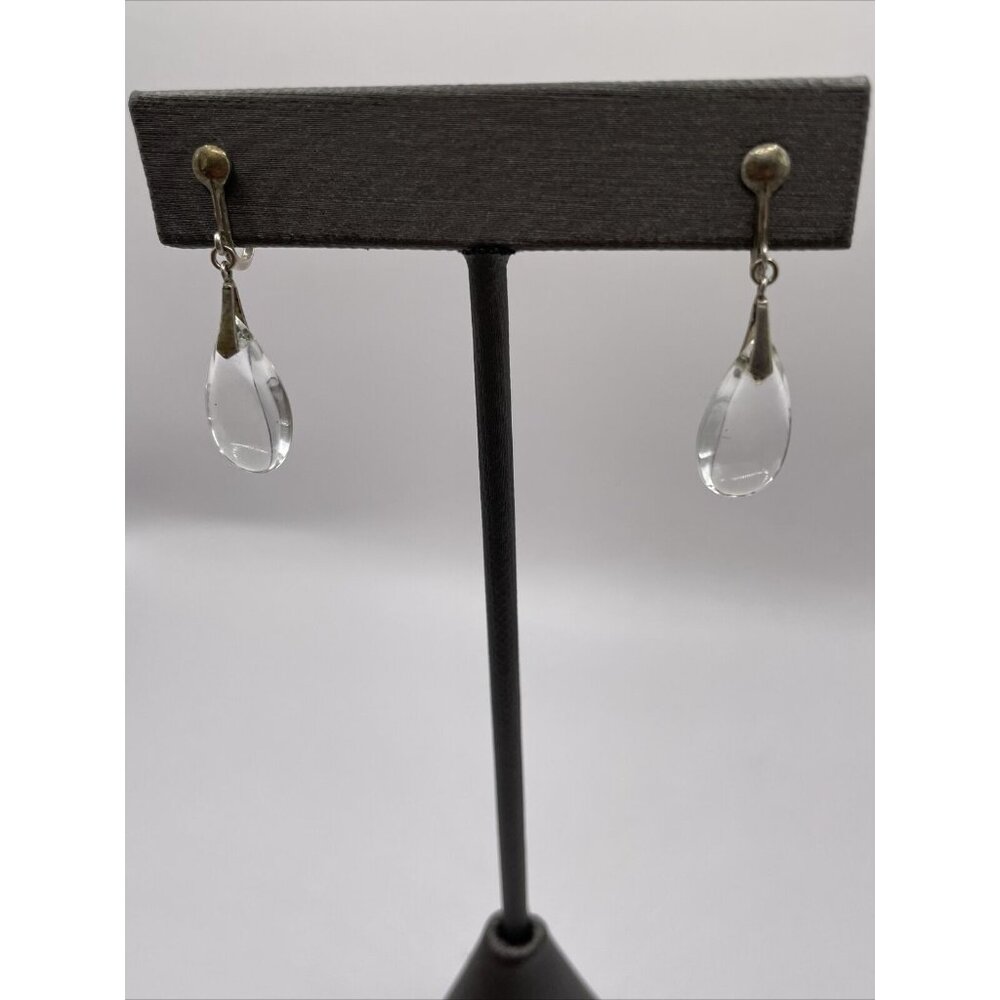 Vintage Art Deco Sterling Silver Clear‎ Lucite Screw Back Earrings Dangle E24